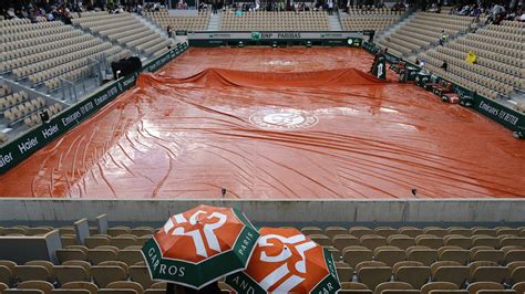 Rain halts Monday play on outside courts at Roland Garros .